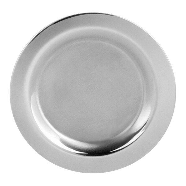 A close-up of a satin stainless steel wine coaster with a white background.