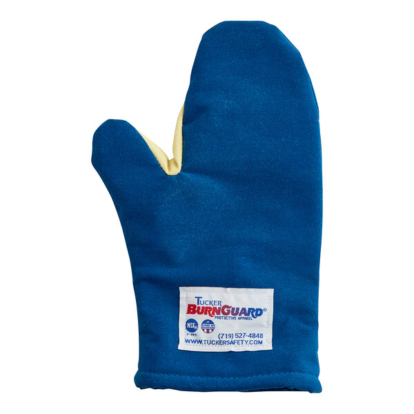 A blue oven mitt with a white label and yellow stitching.