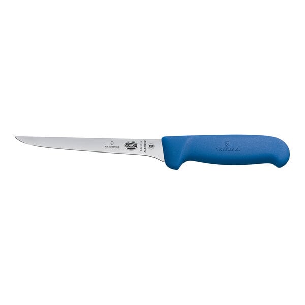 A Victorinox boning knife with a blue handle.