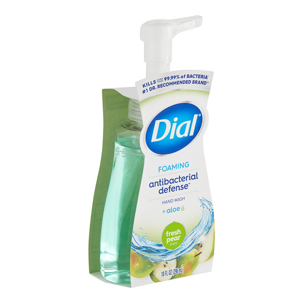 A bottle of Dial Fresh Pear foaming hand soap with a pump.