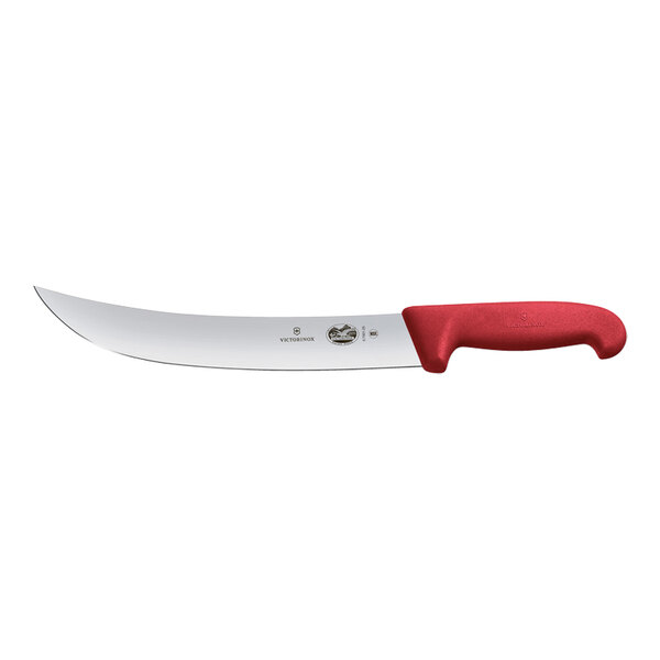 A Victorinox butcher knife with a red handle.