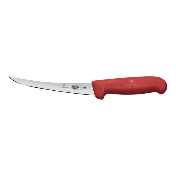 A Victorinox boning knife with a red handle.