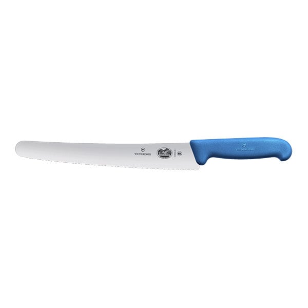 A Victorinox bread knife with a blue handle.