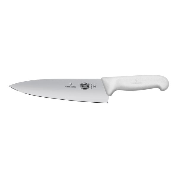 A Victorinox chef knife with a white handle.