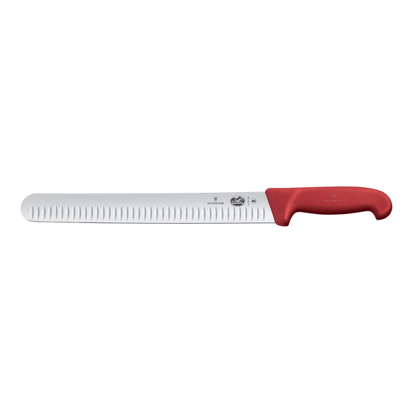 A Victorinox meat slicing knife with a red Fibrox handle.