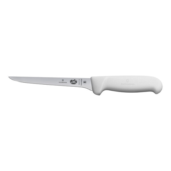 A Victorinox boning knife with a white handle.