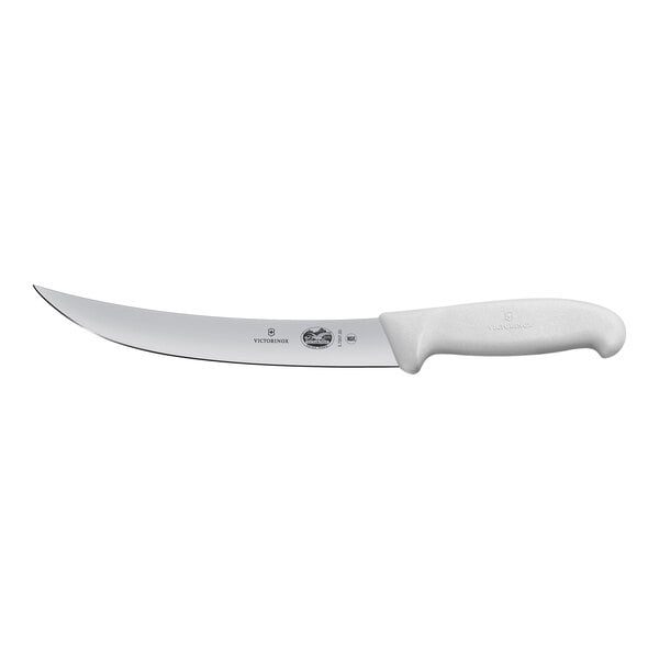 A Victorinox butcher knife with a white Fibrox handle.