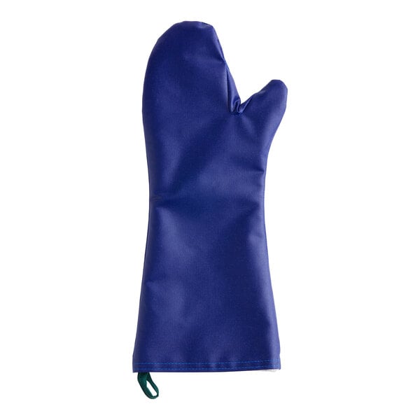 A blue Tucker Safety oven mitt with a green handle on a white background.