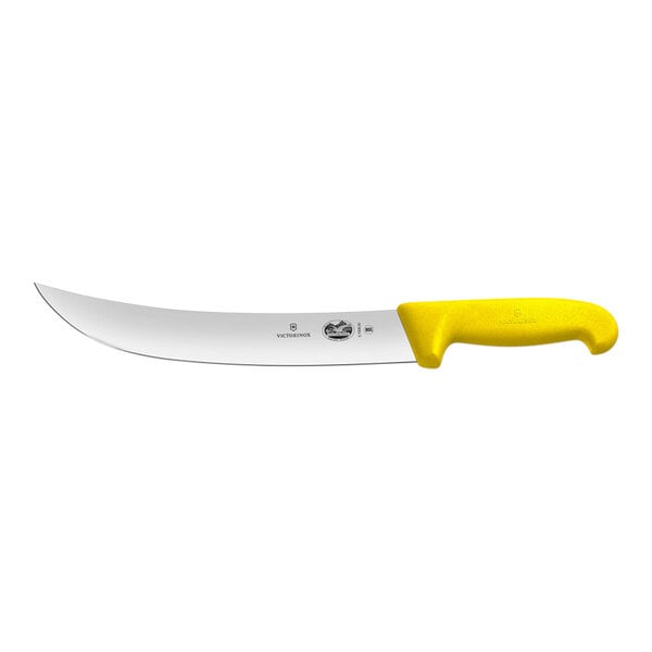 A Victorinox butcher knife with a yellow handle.