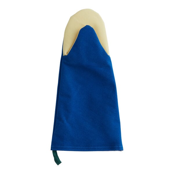 A blue Tucker Safety oven mitt with a white handle.