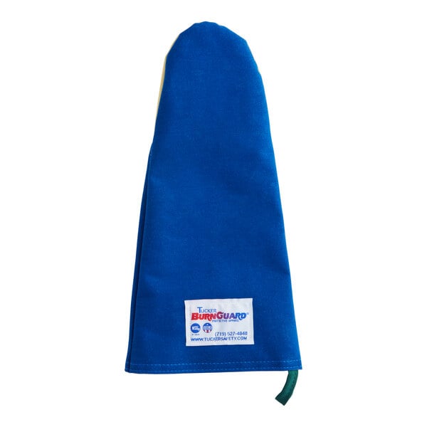 A blue oven mitt cover with a label inside.