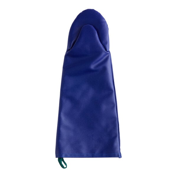 A blue oven mitt cover with a green handle.