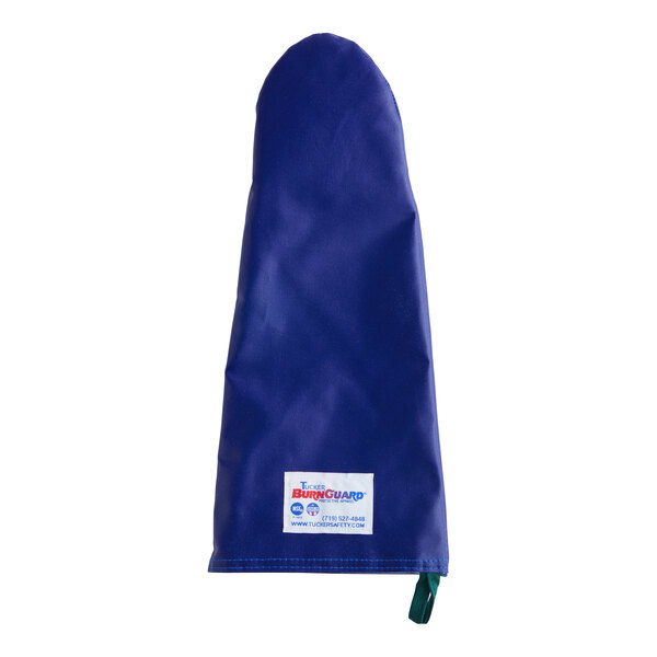 A blue Tucker Safety Products oven mitt with a white label.