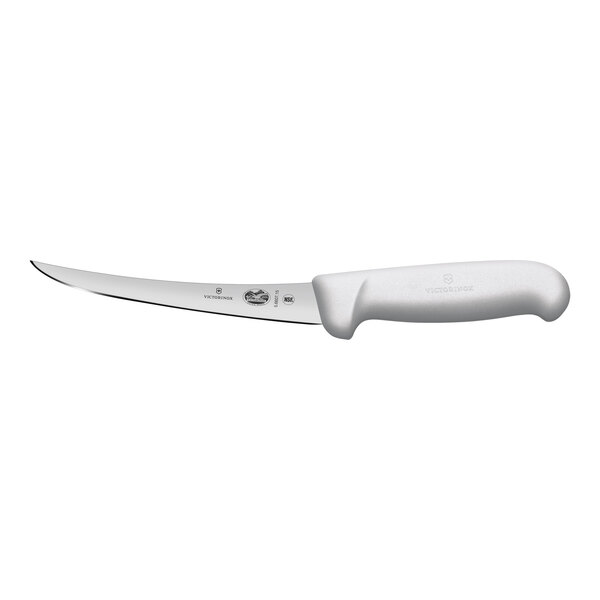 A Victorinox boning knife with a white handle.