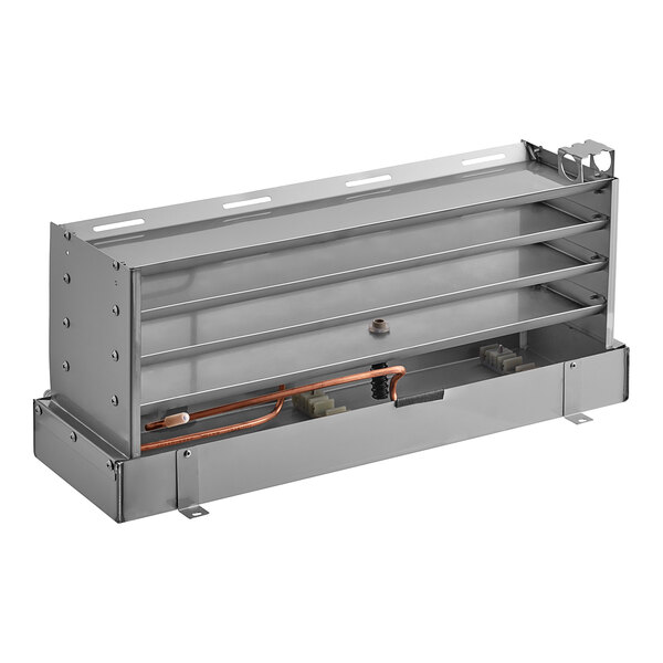 An Avantco metal evaporator drain pan with copper pipes and wires.