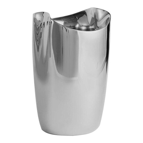 A silver metal container with a curved edge and a silver handle.
