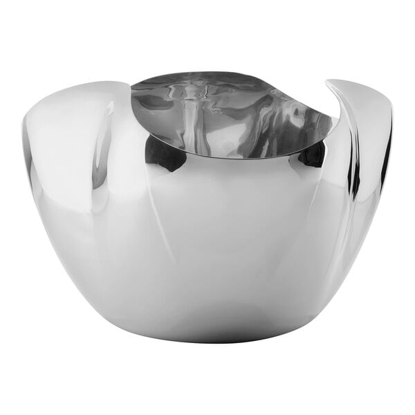 A Robert Welch stainless steel wine and champagne cooler with a curved edge.