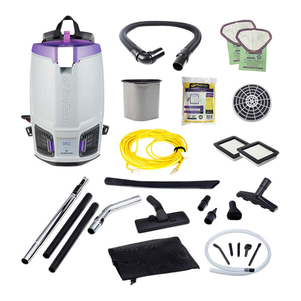 A ProTeam backpack vacuum with pest control tools.