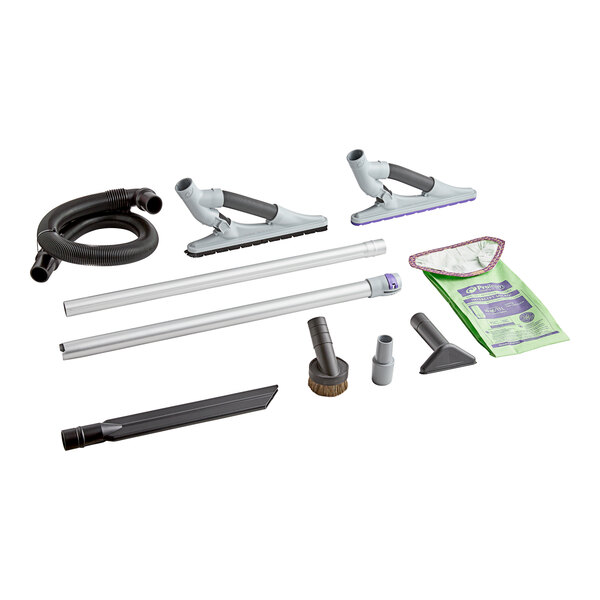 A ProTeam GoFit backpack vacuum with hard surface and carpet cleaning accessories.