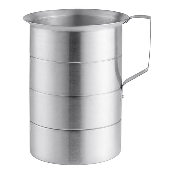 A silver metal Choice aluminum measuring cup with a handle.