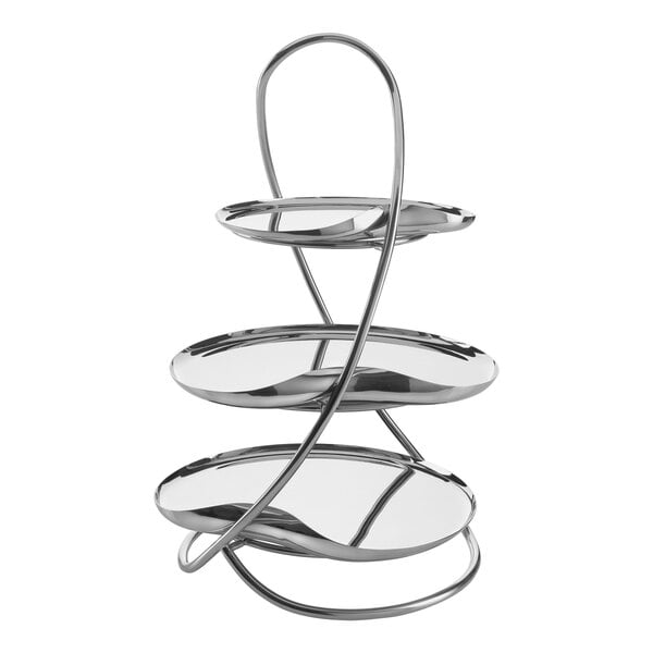 A Robert Welch stainless steel three tiered metal tray with three round plates.
