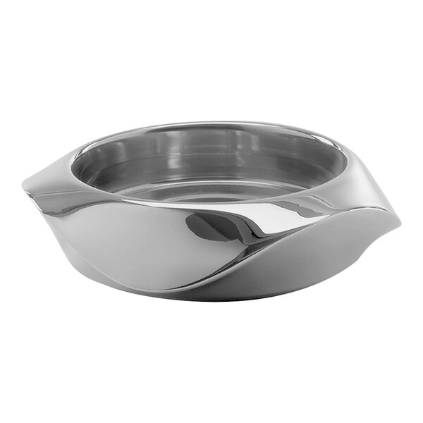 A close-up of a Robert Welch stainless steel wine and champagne bottle coaster with a curved edge.