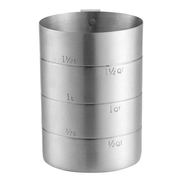 A stack of aluminum Choice measuring cups with one close-up.