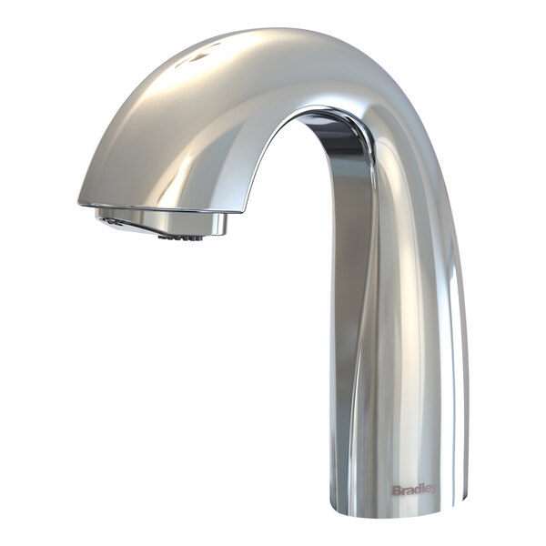 A Bradley Verge Crestt polished chrome hands-free faucet with a curved neck.
