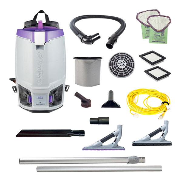 A ProTeam GoFit backpack vacuum with ProBlade hard surface and carpet kit accessories.