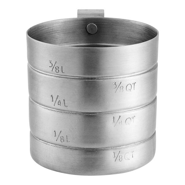 An aluminum measuring cup with measuring amounts on a white background.