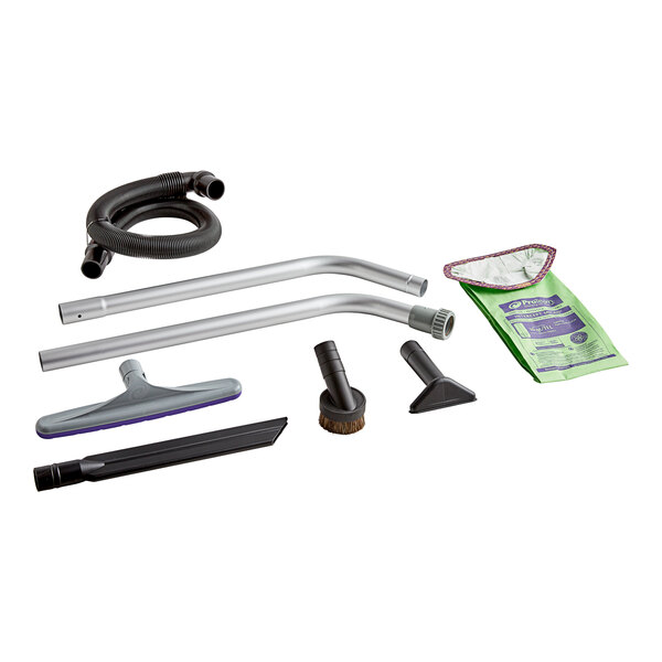 A ProTeam vacuum cleaner kit with various tools and accessories including a wand.