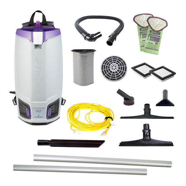 A ProTeam backpack vacuum with hard surface and carpet tools inside.