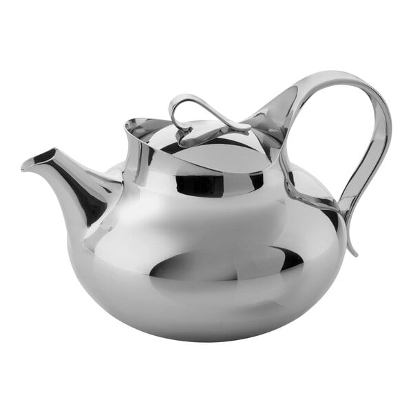 A silver stainless steel teapot with a handle.