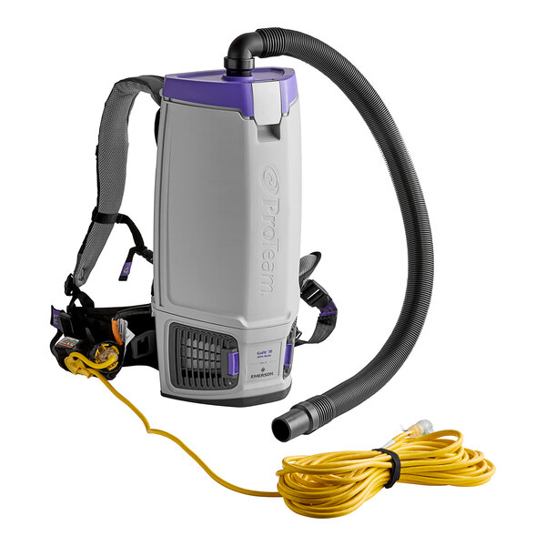 A ProTeam GoFit backpack vacuum with a hose attached.