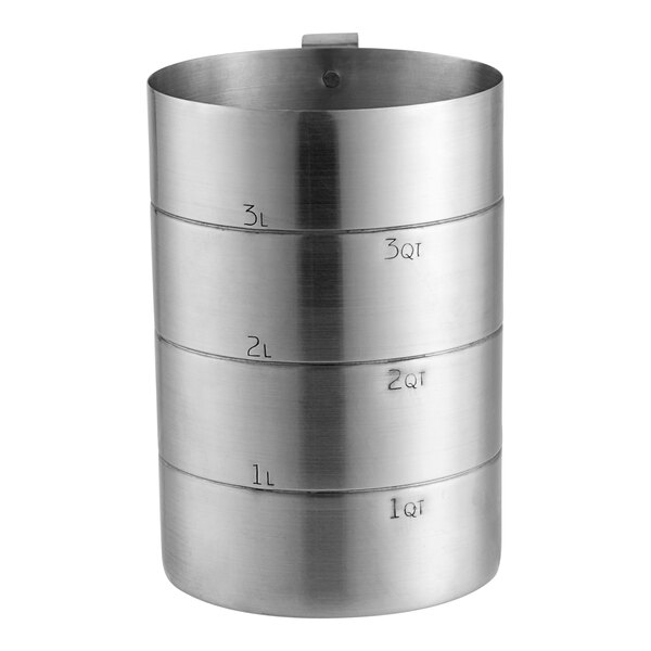 A silver aluminum Choice 4 Qt. measuring cup with numbers on a white background.