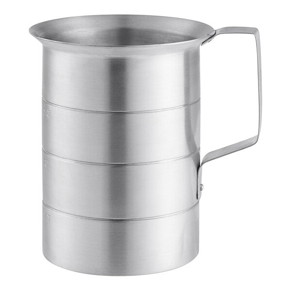 A silver metal Choice aluminum measuring cup with a handle.