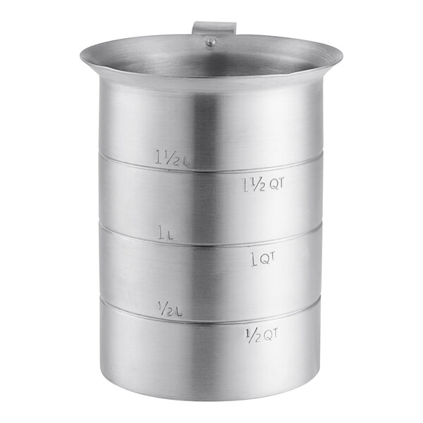 A metal Choice aluminum measuring cup with measurements and a pour lip.