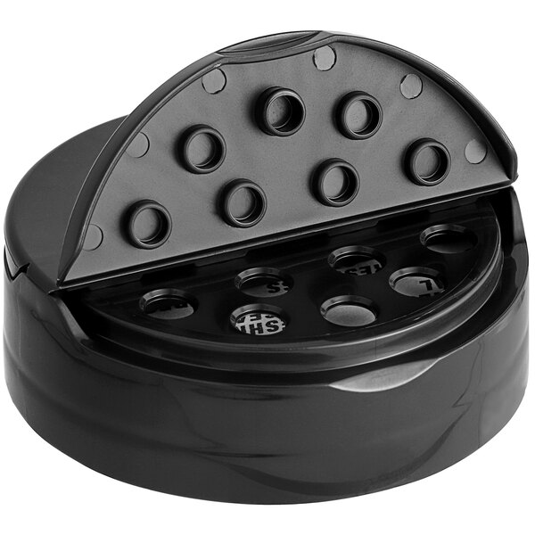 A black circular spice lid with 7 holes.