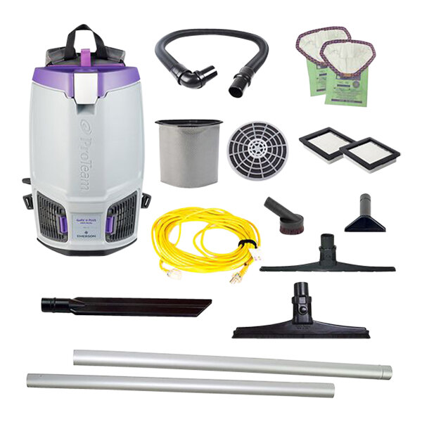 A ProTeam GoFit 6 PLUS backpack vacuum with various accessories including a 15" Sidewinder hard surface and carpet kit.