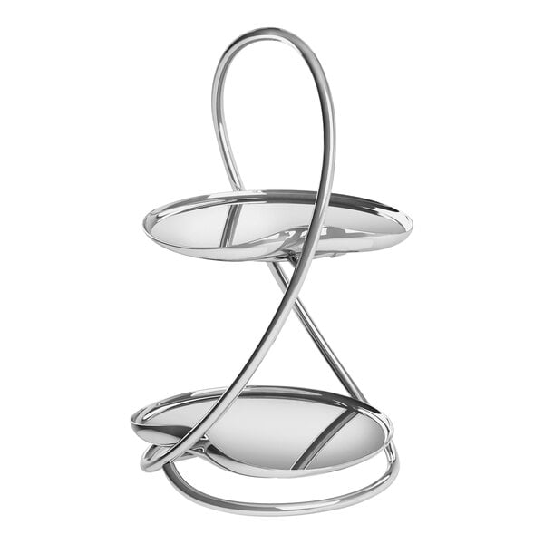 A Robert Welch stainless steel 2-tier canape stand with a handle.