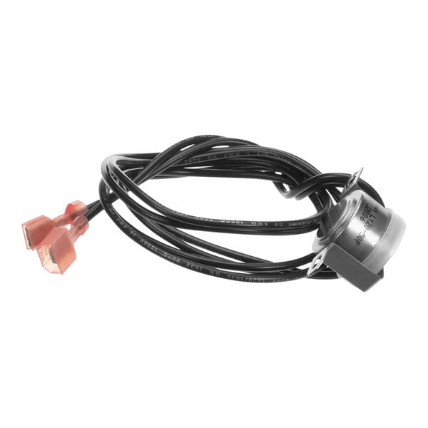 A black cable with a red wire and a red connector plugged into a black wire with red plugs.