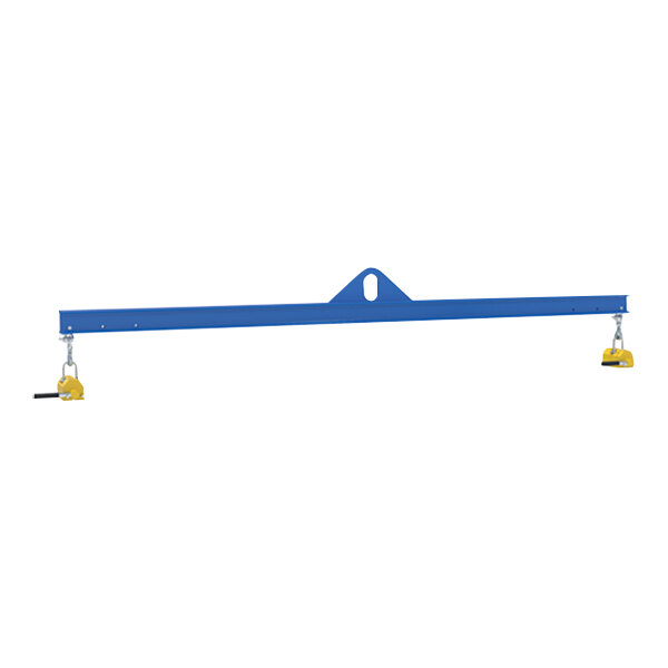 A blue steel Vestil magnetic spreader beam with yellow hooks.