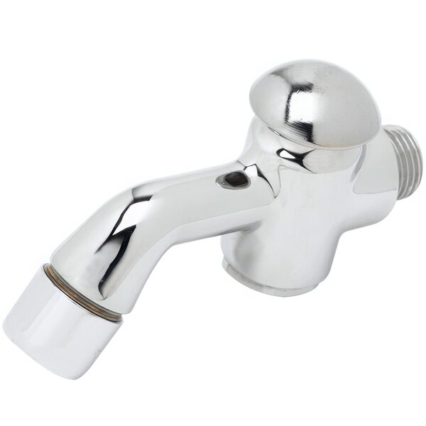 A chrome plated T&S spray valve assembly with a round silver knob.