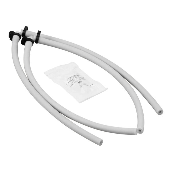 A white bag with a white plastic tube and black plastic connectors inside.