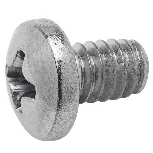 A close up of a metal screw with a white background.