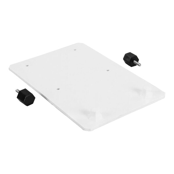 A white rectangular object with two black screws and a black hexagon shaped object.