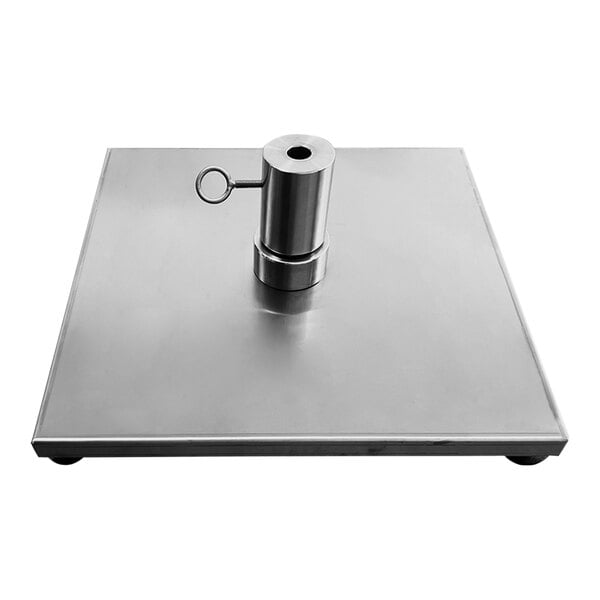 A metal skewer holder with a square metal base and a metal handle.