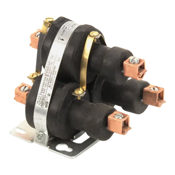 A close up of a black and copper Lincoln Contactor.