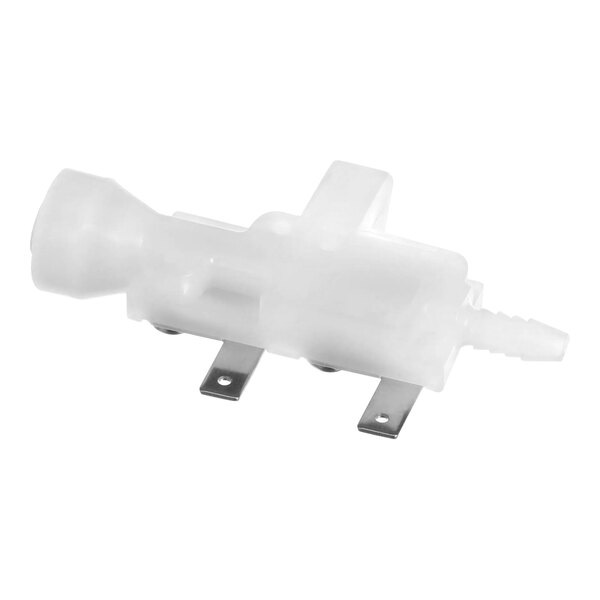 A white plastic Stero sensor with metal parts.