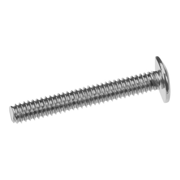 A close-up of a Follett Corporation 1/4-20 Truss Head Screw with a flat head.